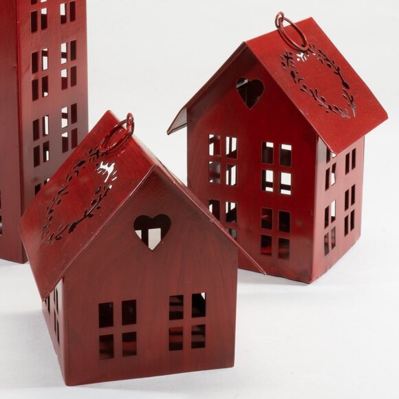 Set Of 3 Red Metal Rustic Houses, Tealight holders - Picture 3 of 3